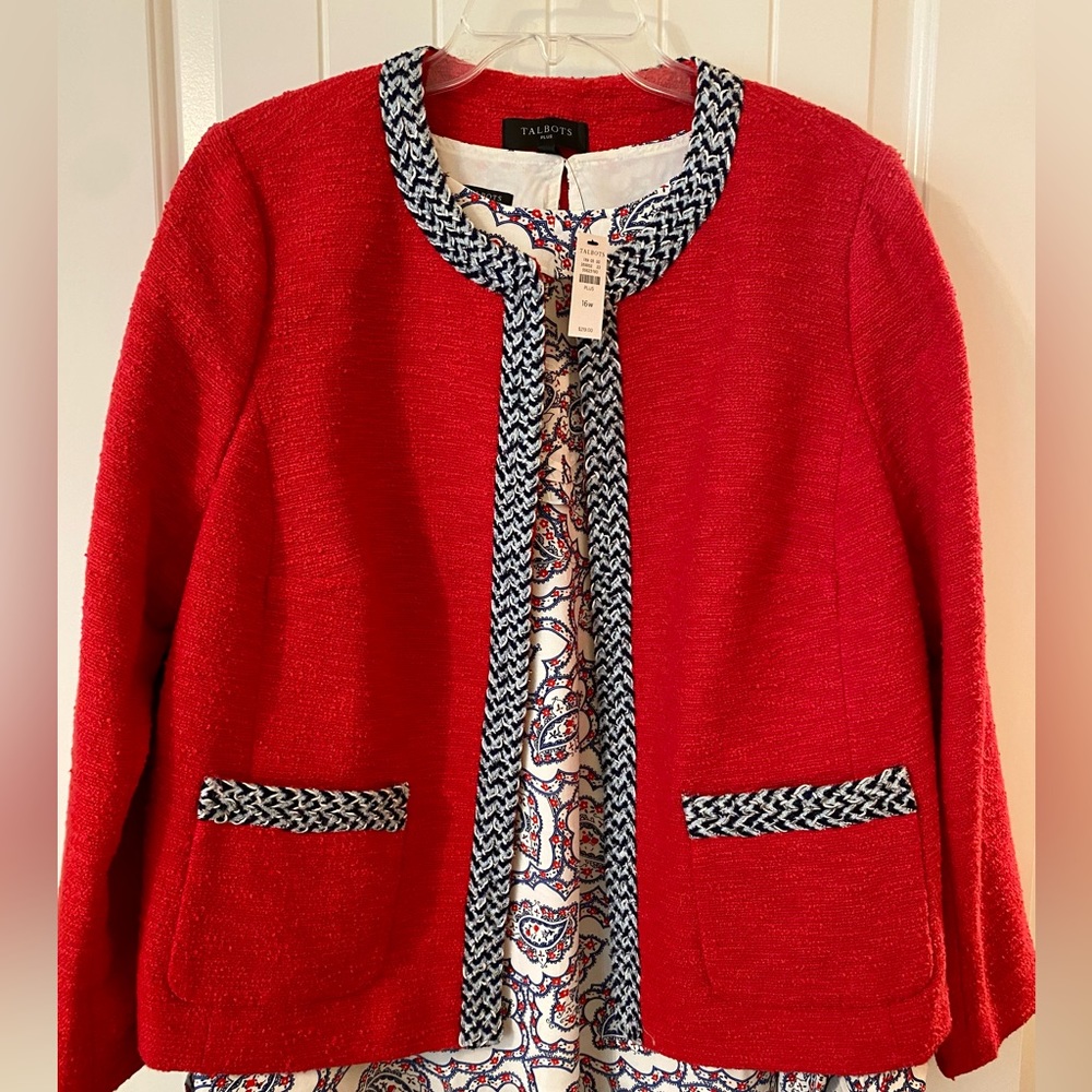 Talbots Red Knit bucle Collarless Jacket with Black & White Trim